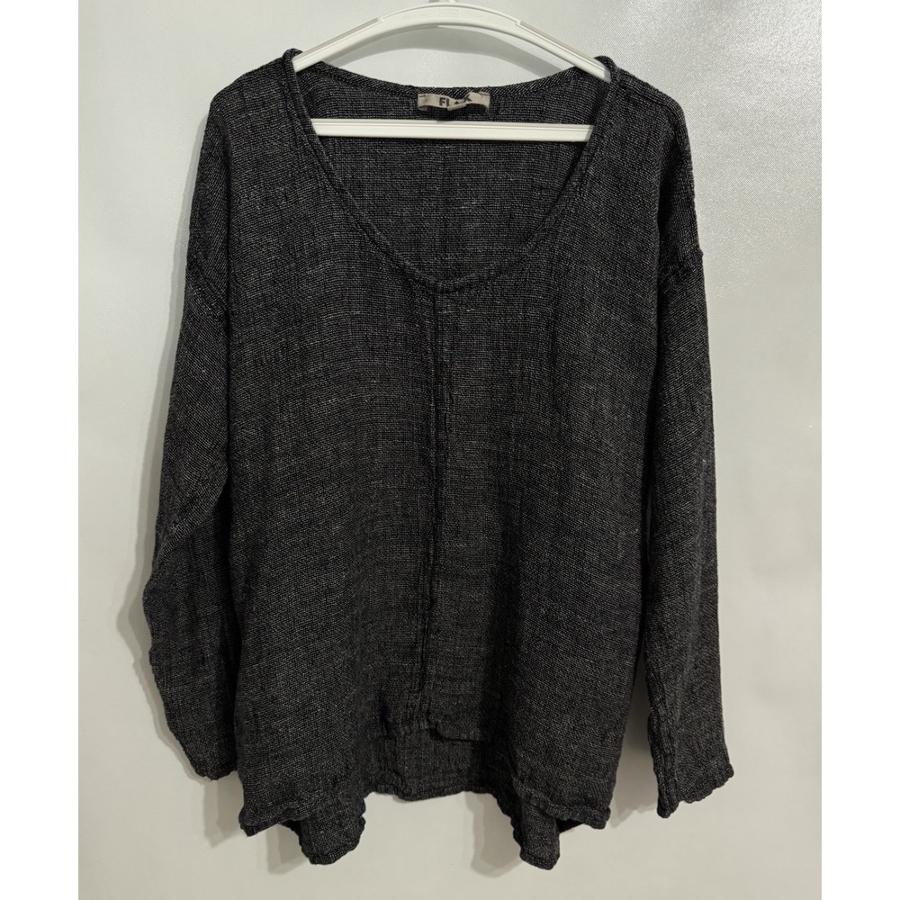 FLAX Medium Womens Linen Long Sleeve Top Black Lagenlook Peasant Minimalist